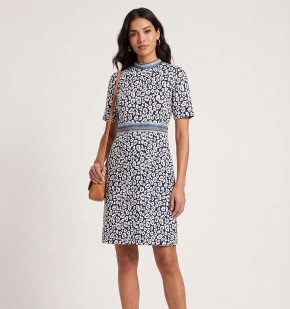 J. McLaughlin Dresses & Skirts - J.McLaughlin Kyrie Size 2 Dress Navy Bermuda Blue Geo Cheetah Short Sleeve